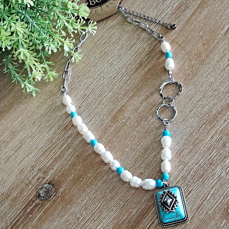 806 Pearl Turquoise and Silver Necklace