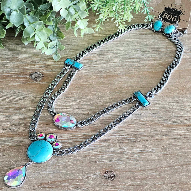 806 Turquoise AB Teardrop Silver Chain Necklace