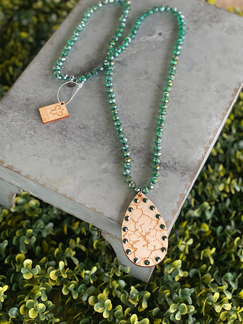 PP Wood Teardrop w/ Emerald Stone Necklace