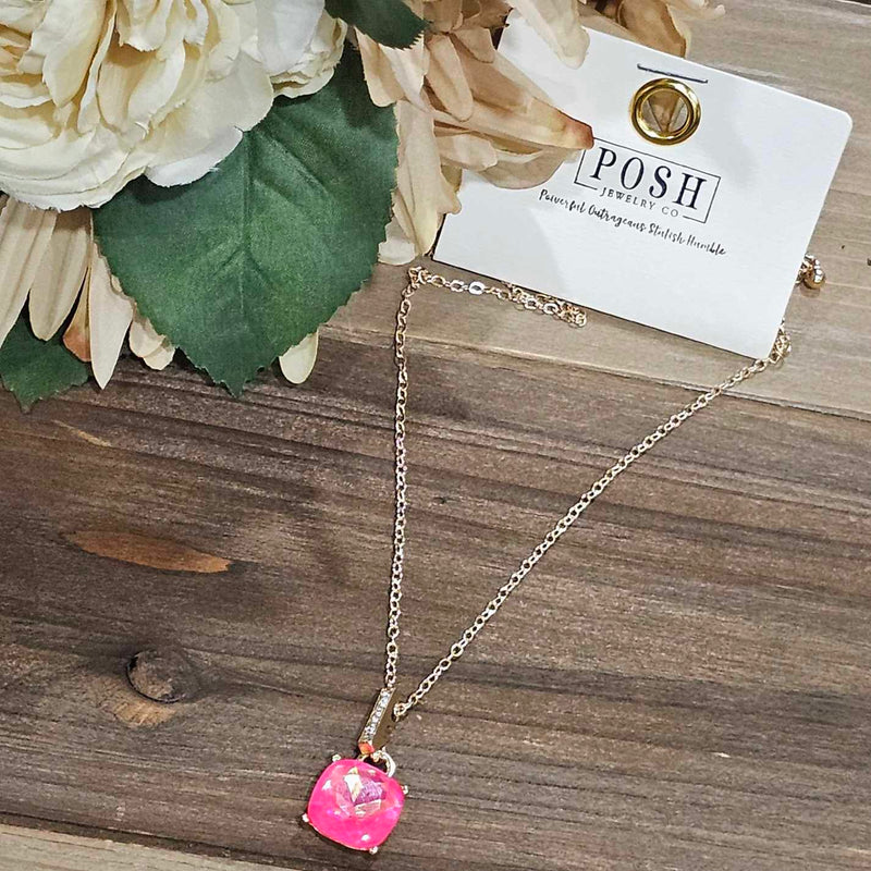 POSH Neon Pink AB Square Gold Necklace