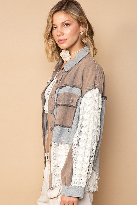 Let's Meet Up Dusty Grey Lace Contrast Shirt