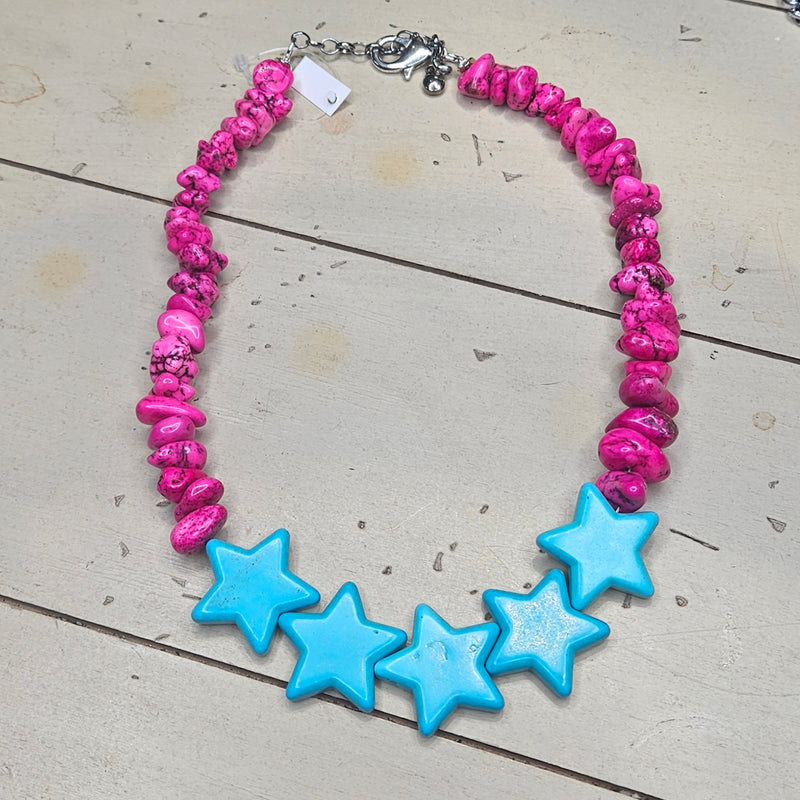 SL Turq Marble Star Hot Pink Beaded Necklace