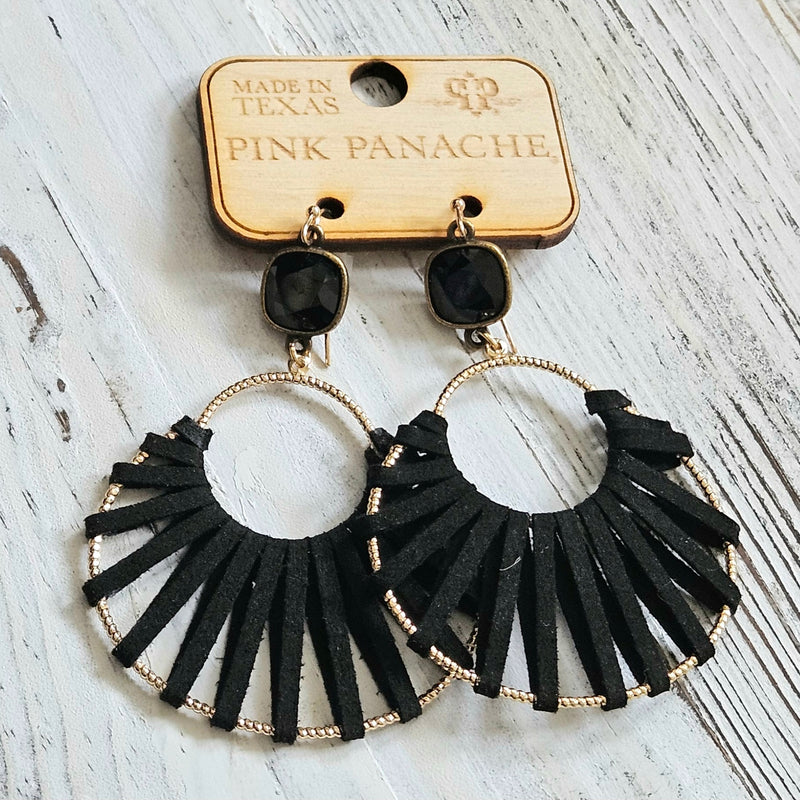 PP Black 10mm Black Leather Wrapped Circle Earrings