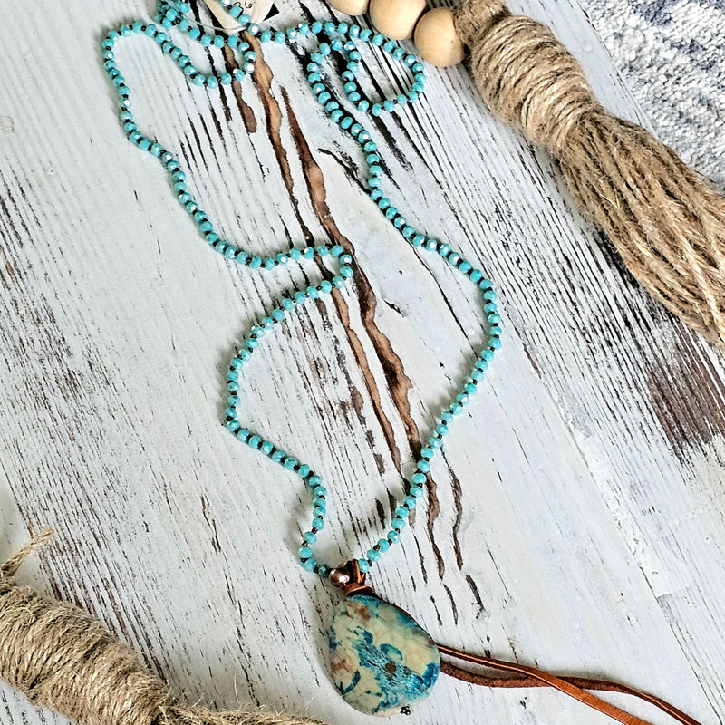 SL Turq Beaded Marble Stone Long Necklace