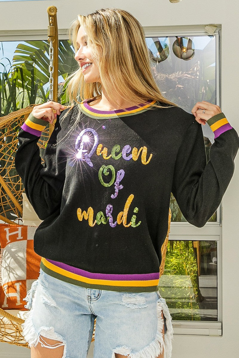 Queen of Mardi Sequin lettering Mardis Gras Top