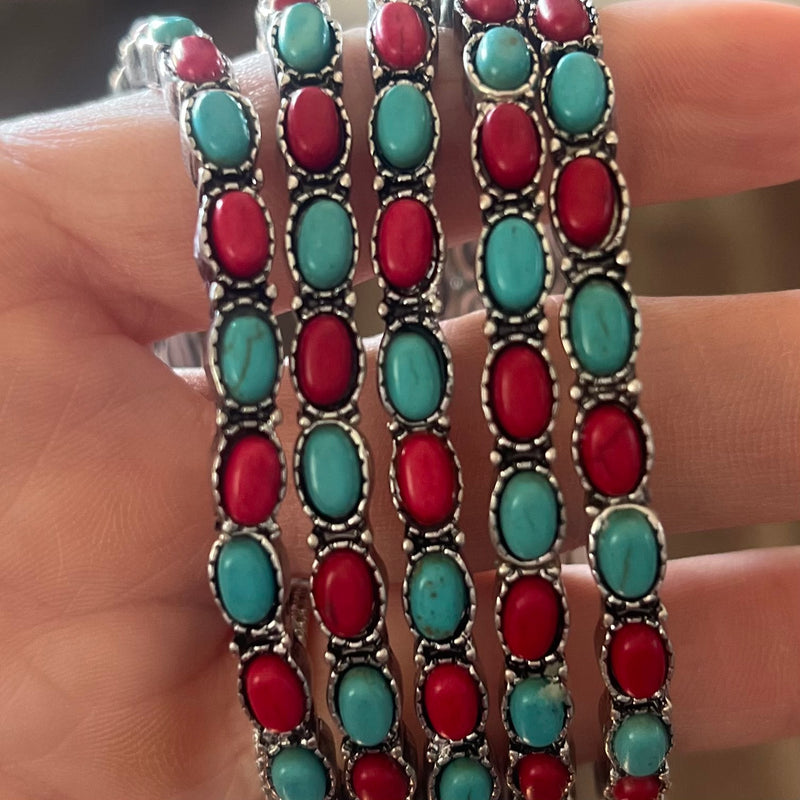 Red & Turq Small Oval Stretch Bracelet