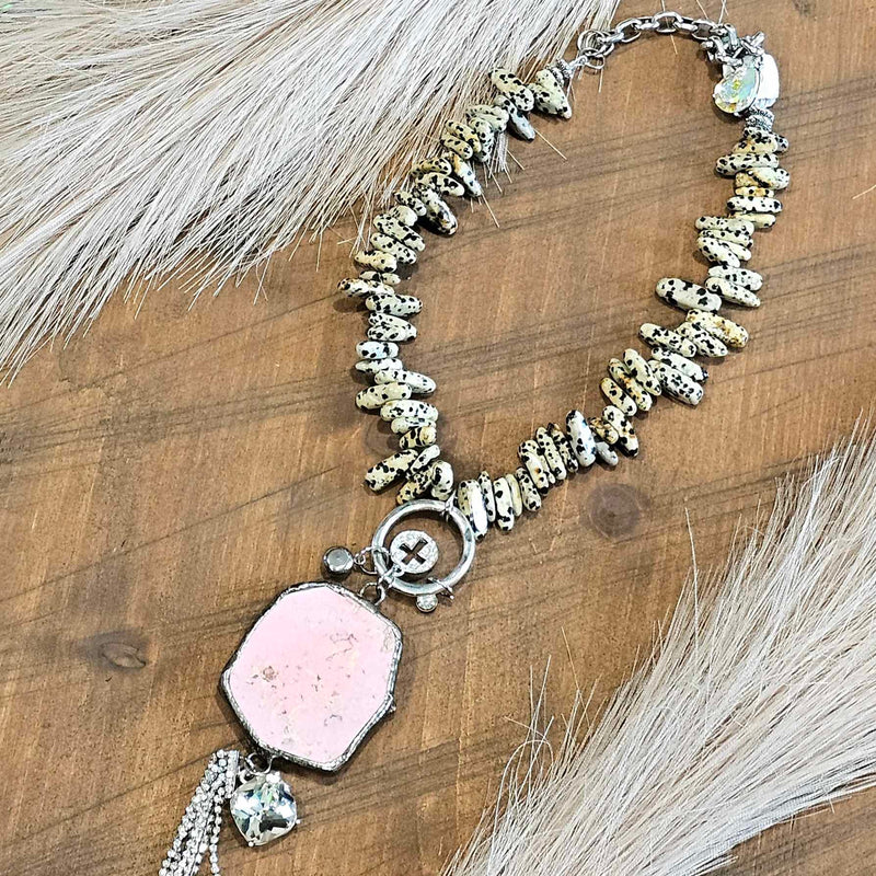 JCoon Speckled Pink Stone Bling Pendant Necklace