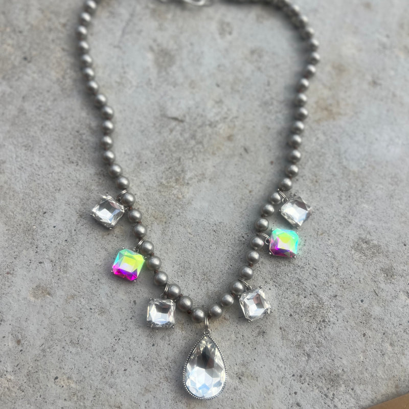 Wynn Blue/AB Necklace w/Crystal Charms on Navajo Pearls