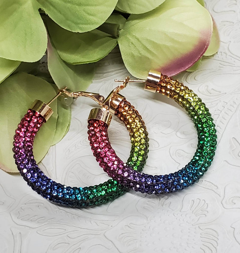 Rhinestone Rainbow Small Hoop Earrings