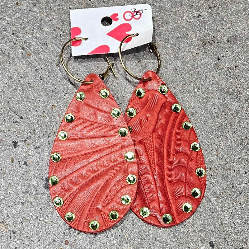 SL Red and Green Leather Teardrop Earrings