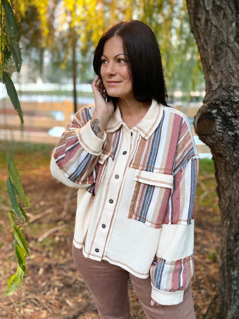 Pol Ivory and Stripe Button Up Top