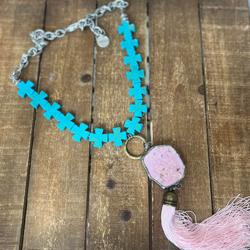 JCoon Turquoise Cross Pink Tassel Necklace