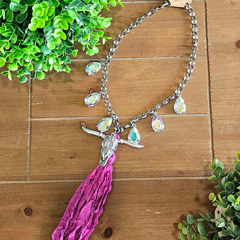 JCoon Silver AB Pink Tassel Skull Necklace (One & Done Collection)