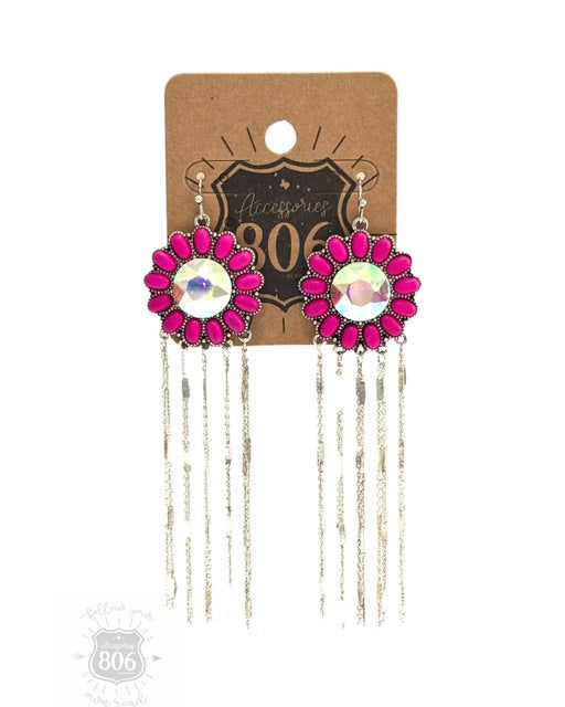806 Fuchsia Flower Fringe Dangle Earrings