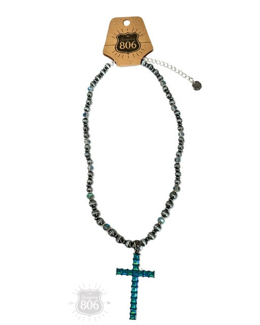 806 Turquoise Cross Multi Bead Necklace