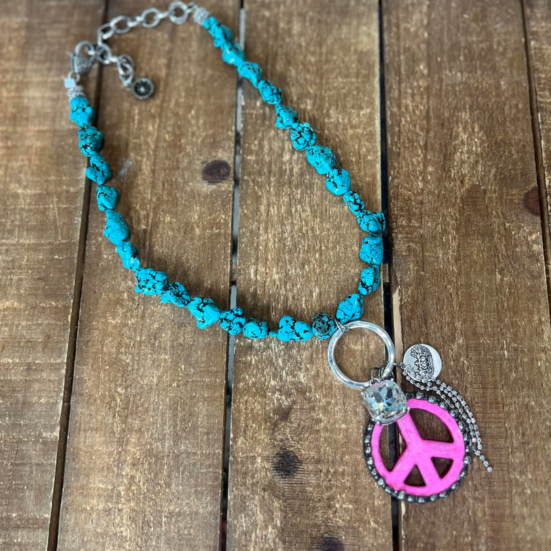 Turquoise Pink Peace Charm Necklace