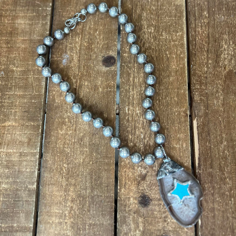 Desert Pearl Blue Star Grey Stone Pendant Necklace