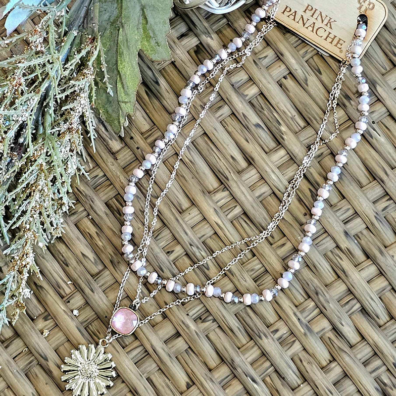 PP Flamingo Pink Bead Gold Flower Triple Chain Necklace