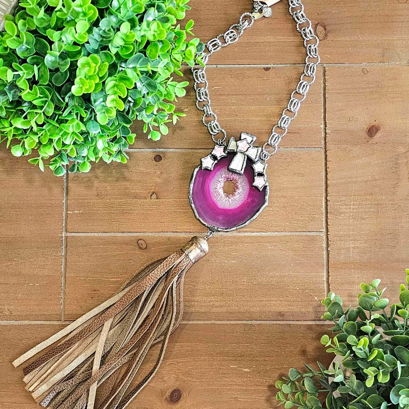 JCoon Pink Slab Cross Brown Tassel Necklace (One & Done Collection)