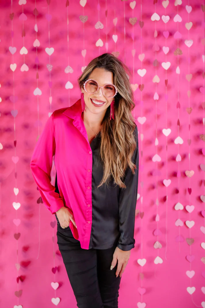 On the Trend Button Up Top-Black/Pink