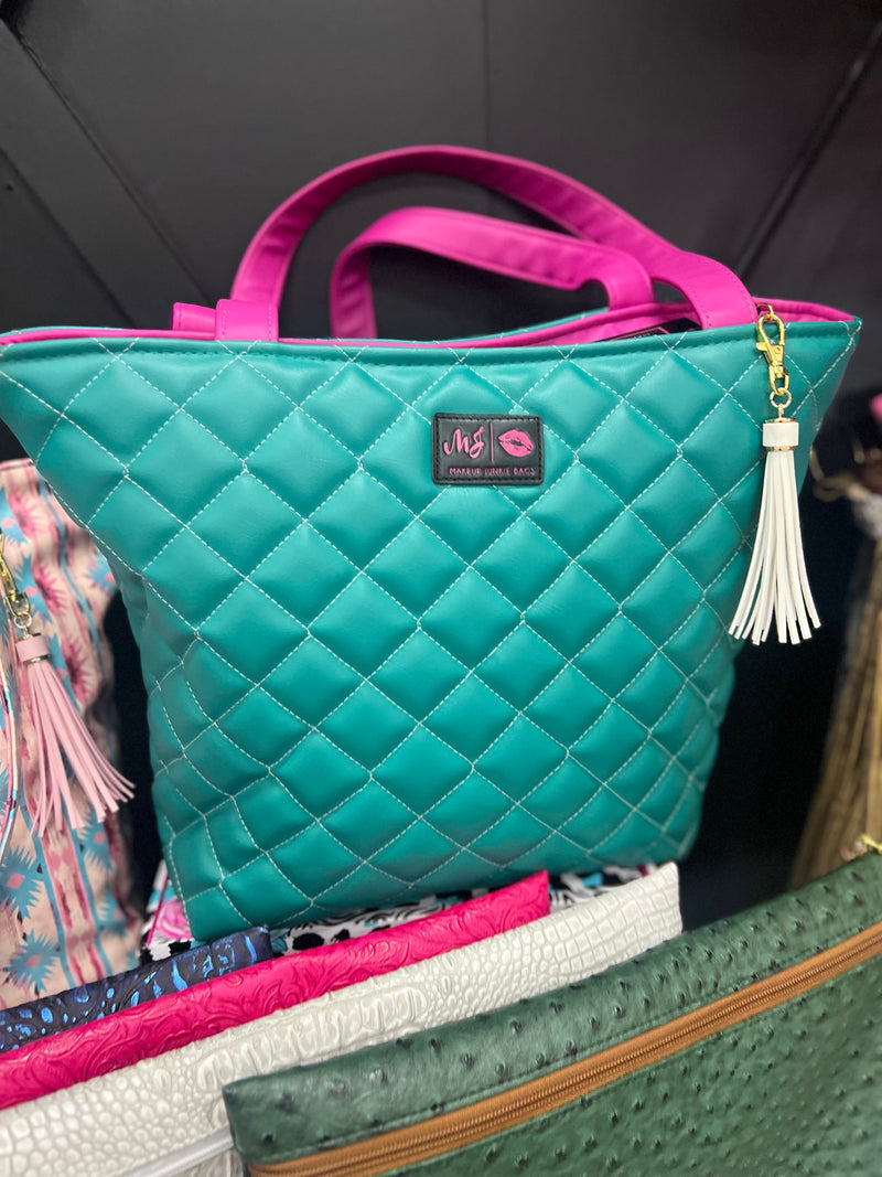 MJ Exclusive Turq Quilted Tote with Pink Trim