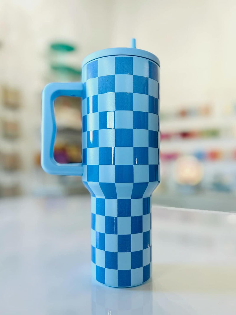 40 oz Blue Check Tumbler with Handle