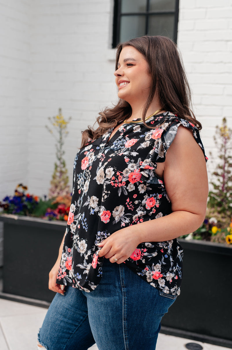 STB Lizzy Flutter Sleeve Top in Black and Muted Pink Floral