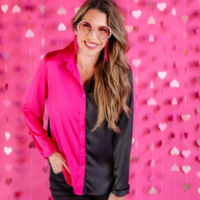On Trend Black Pink Button Up Top