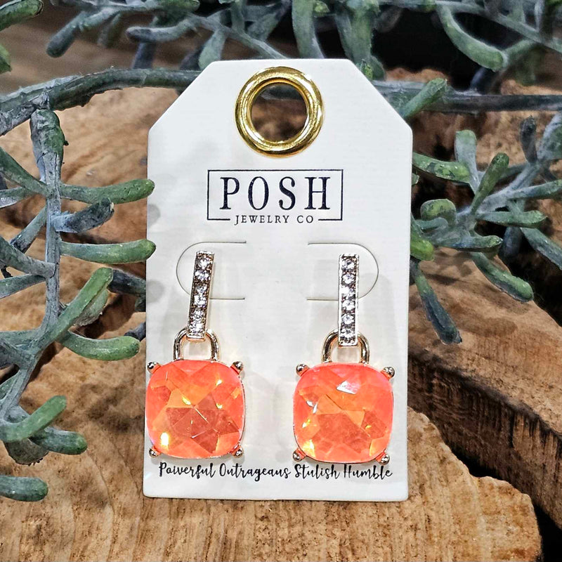 POSH Neon Orange AB Square Dangle Earrings