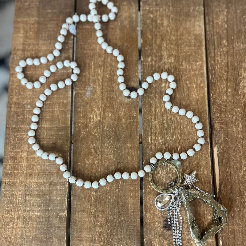 White Beaded Druzy Charm Long Necklace