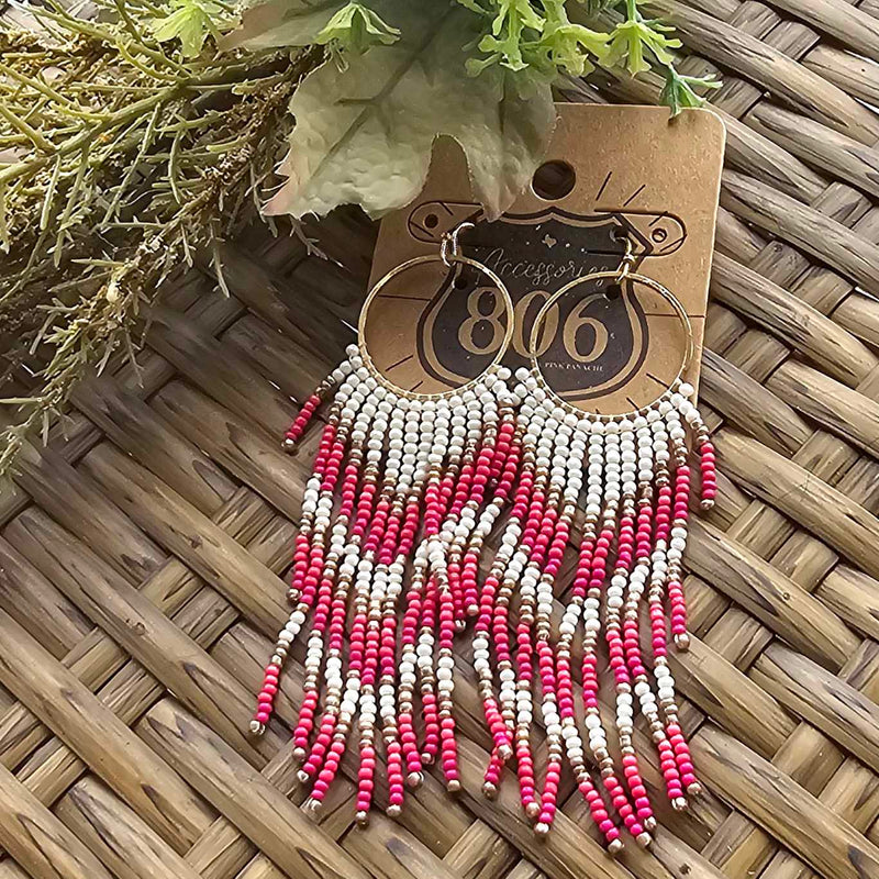 806 Fuchsia, Pink, & White Beaded Fringe Earrings