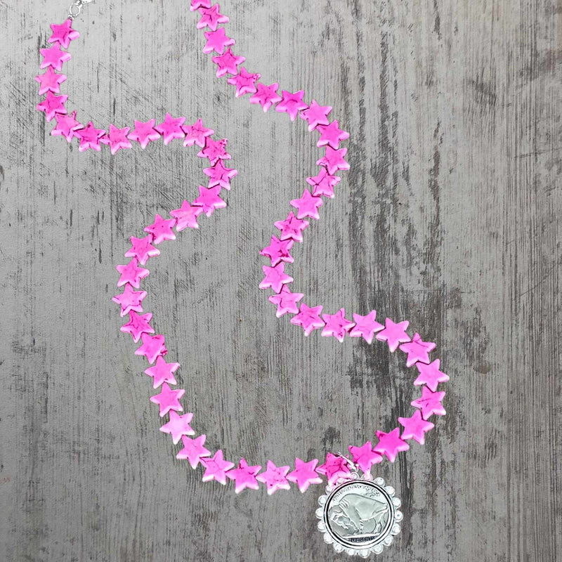 SL Pink Star Buffalo Coin Long Necklace
