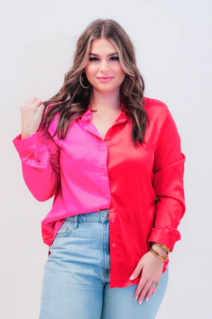 On the Trend Button Up Top-Red/Pink