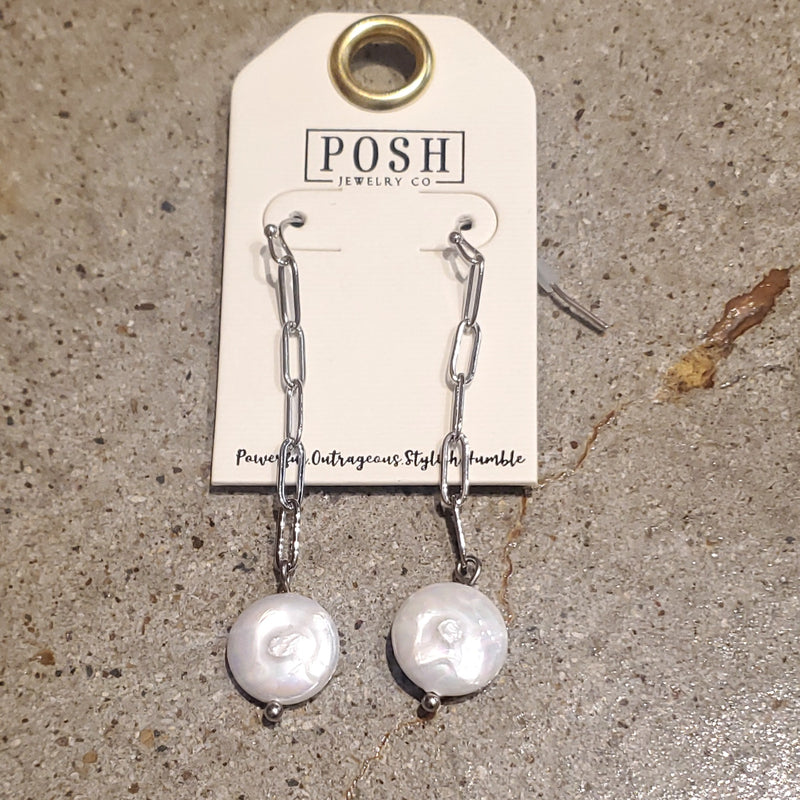 POSH Silver Link and Pearl Dangle Earring