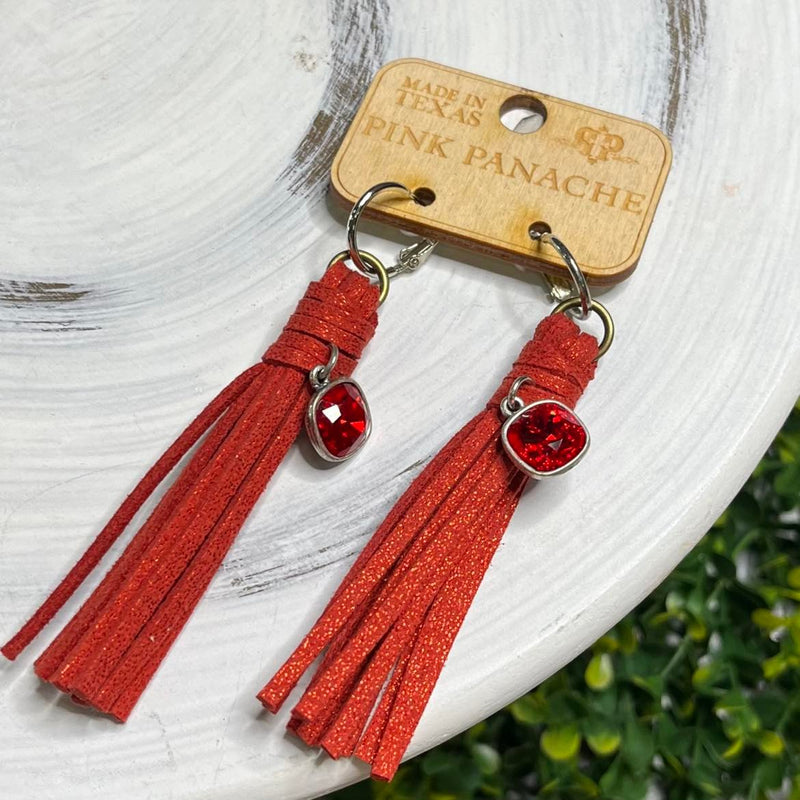 PP Red Leather Tassel Earrings