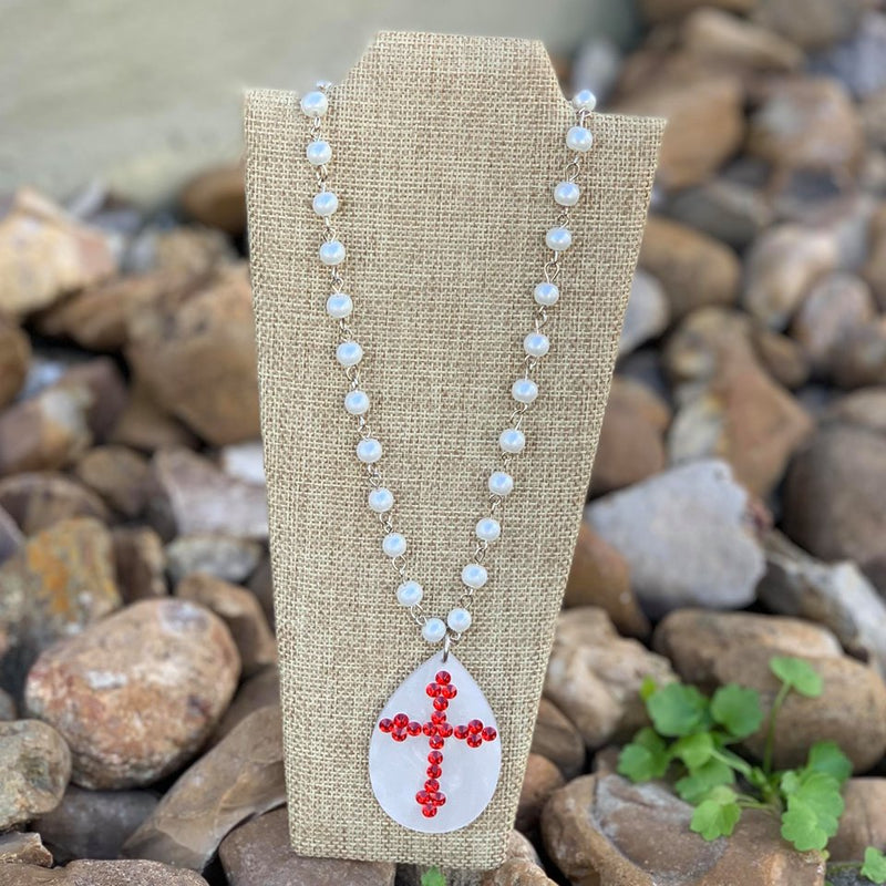 PP Fresh Water Pearl Chain with Acrylic Teardrop Red Crystal Cross Necklace